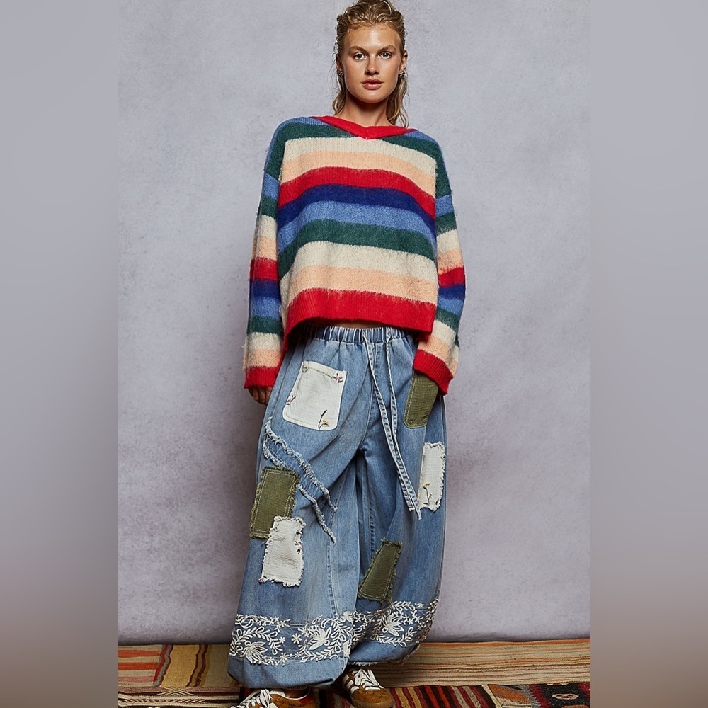 POL “ Malibu Stripes “ V Neck Sweater | Festive Stripes - Picture 3 of 6